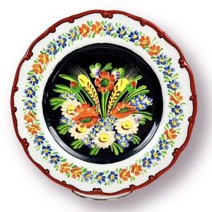 Vintage Hand Painted Decorative Plate Hanging Florals on Black Bohemian Signed